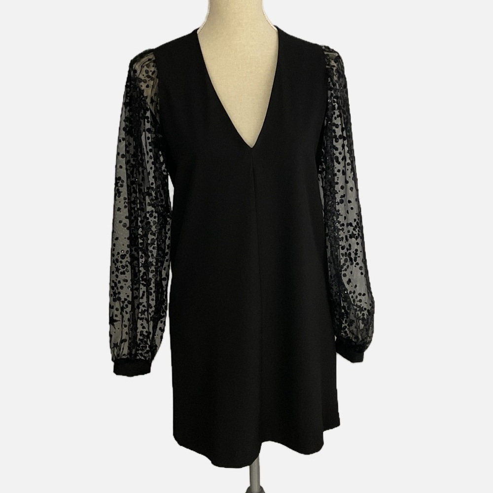 Imperial Mini Dress Deep V-Neckline Puff Mesh‎ Long Sleeves Black Size Small